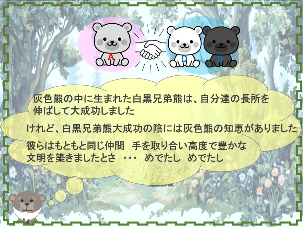 灰色熊の中に生まれた白黒兄弟熊は、自分達の長所を伸ばして大成功しました
けれど、白黒兄弟熊大成功の陰には灰色熊の知恵がありました
彼らはもともと同じ仲間 手を取り合い高度で豊かな文明を築きましたとさ ・・・ めでたし めでたし
補足
社会は、アナログ技術による物理的制御と、デジタル技術による情報処理・最適化の融合により、持続的な技術革新と発展を遂げてきました。
